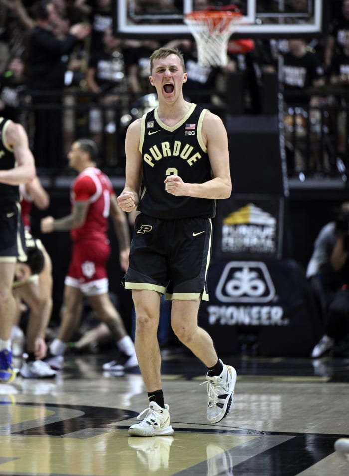 Purdue Boilermakers guard Fletcher Loyer (2) reacts during the first half against the Indiana Hoosiers at Mackey Arena.